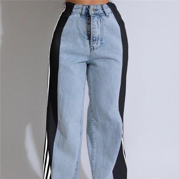 Wide-Leg Green and Black Striped Contrast Denim Jeans – M, L, XL - Picture 2 of 6